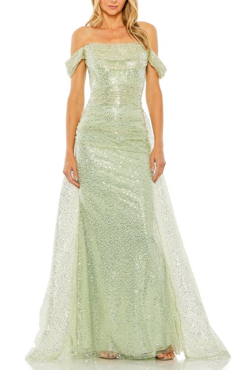 Mac Duggal Off The Shoulder Sequin Panel Train Gown In Sage