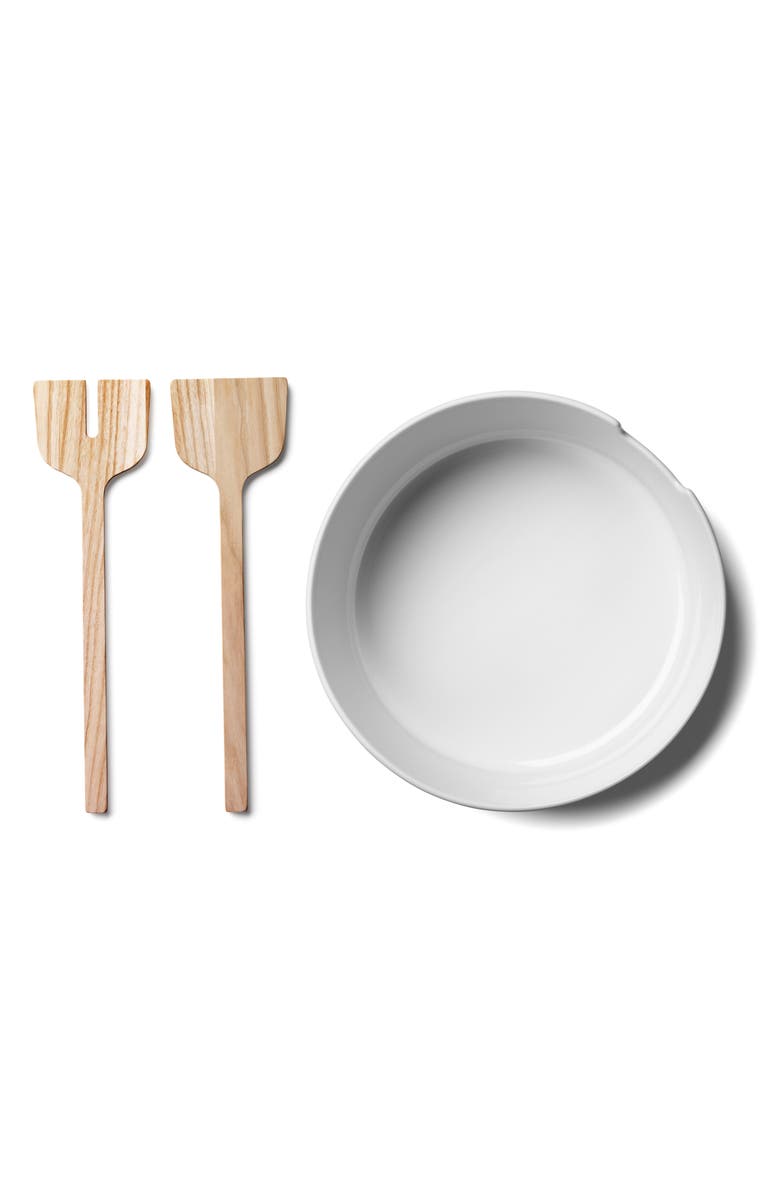 LSA Collective Salad Glass Bowl with Wooden Servers, Main, color, White