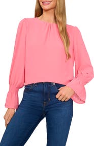 CeCe Ruffle Cuff Long Sleeve Georgette Top