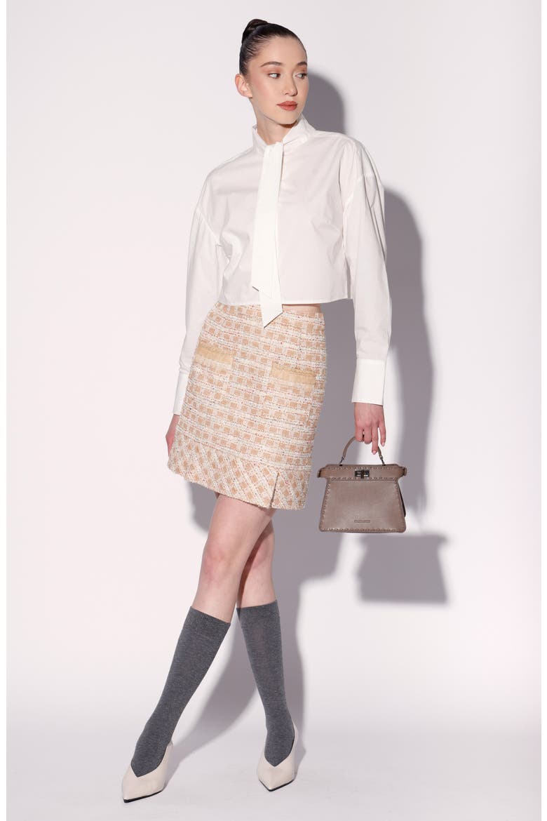 Monroe Tie Neck Long Sleeve Crop Button-Up Shirt, Alternate, color, WHITE