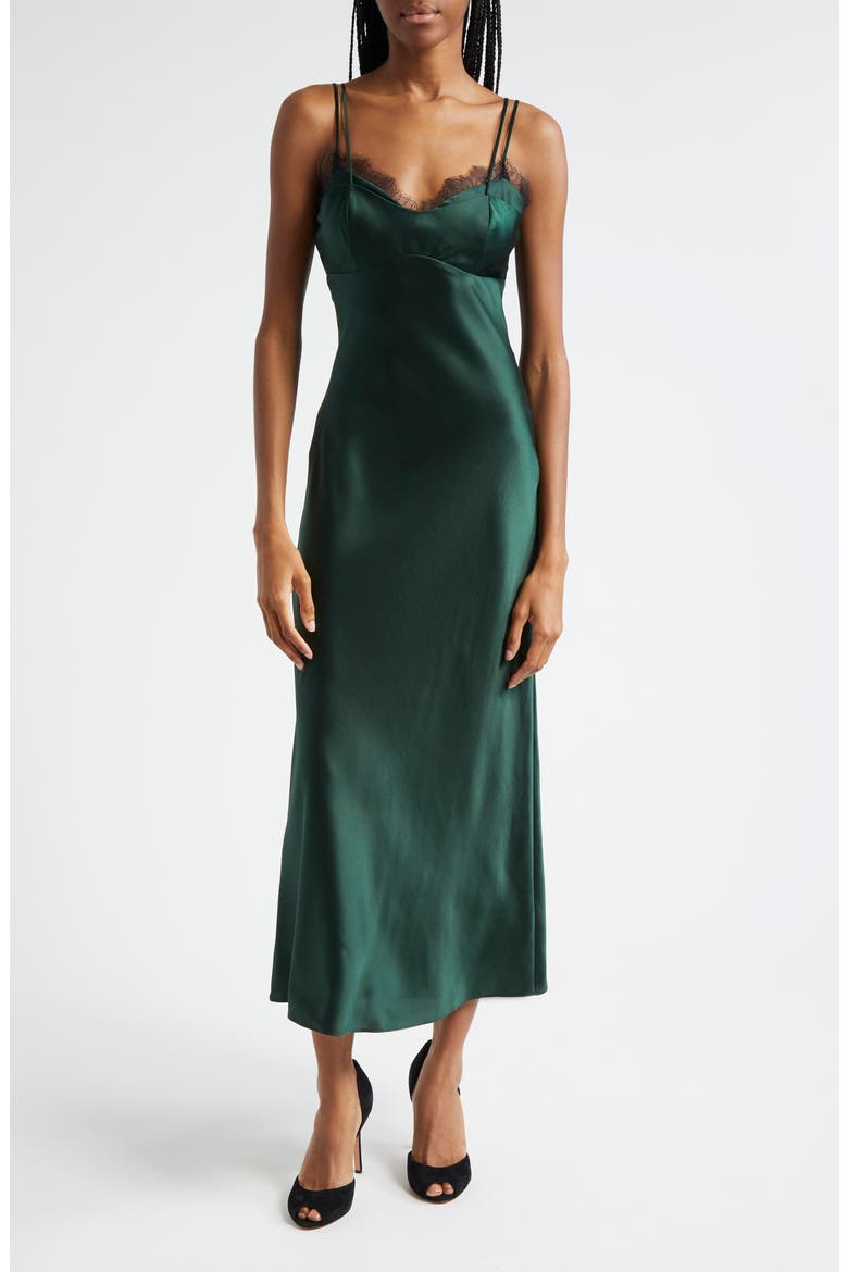 Bixie Lace Detail Silk Blend Slipdress, Main, color, PINE