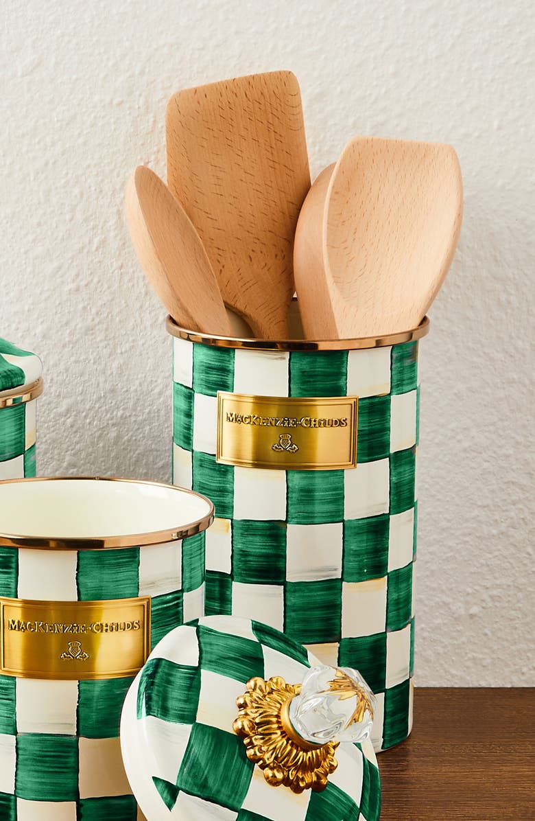 MACKENZIE CHILDS Emerald Check Enameled Steel Utensil Holder, Alternate, color, Emerald