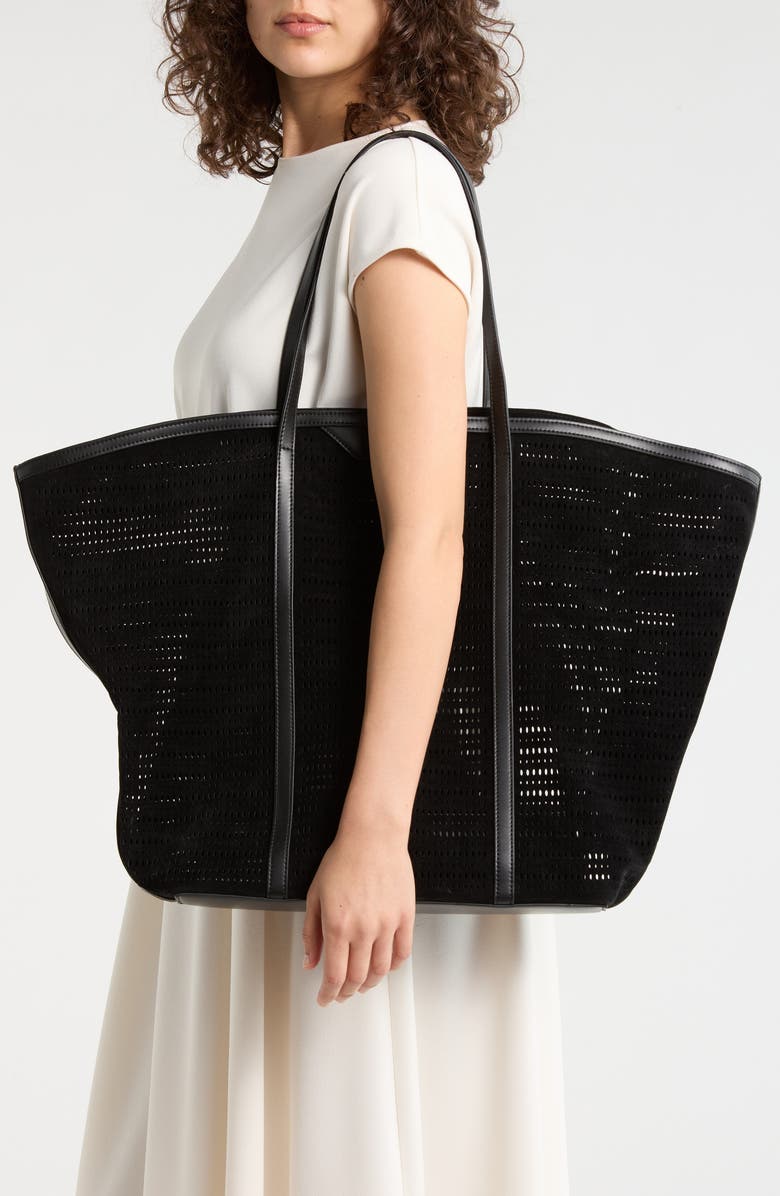 BCBG Flared Perforated Faux Leather Tote, Alternate, color, Black