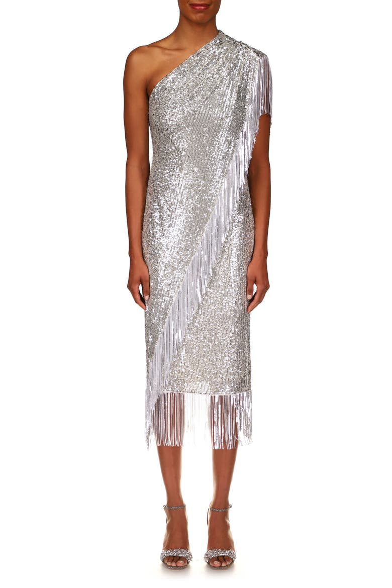 badgley mischka silver dress Badgley Mischka Long Sequin Wrap Coat Gown, Size: 8 in Pewter