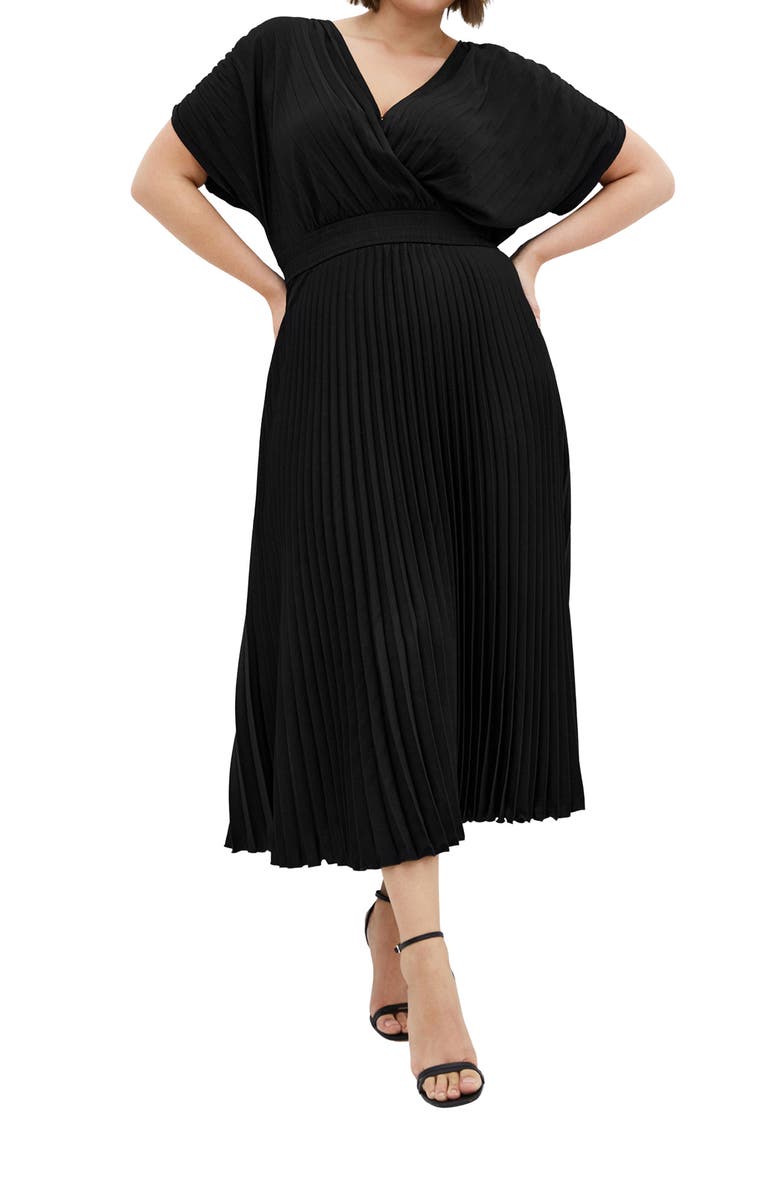 City Chic Elia Faux Wrap Pleated Dress, Main, color, Black