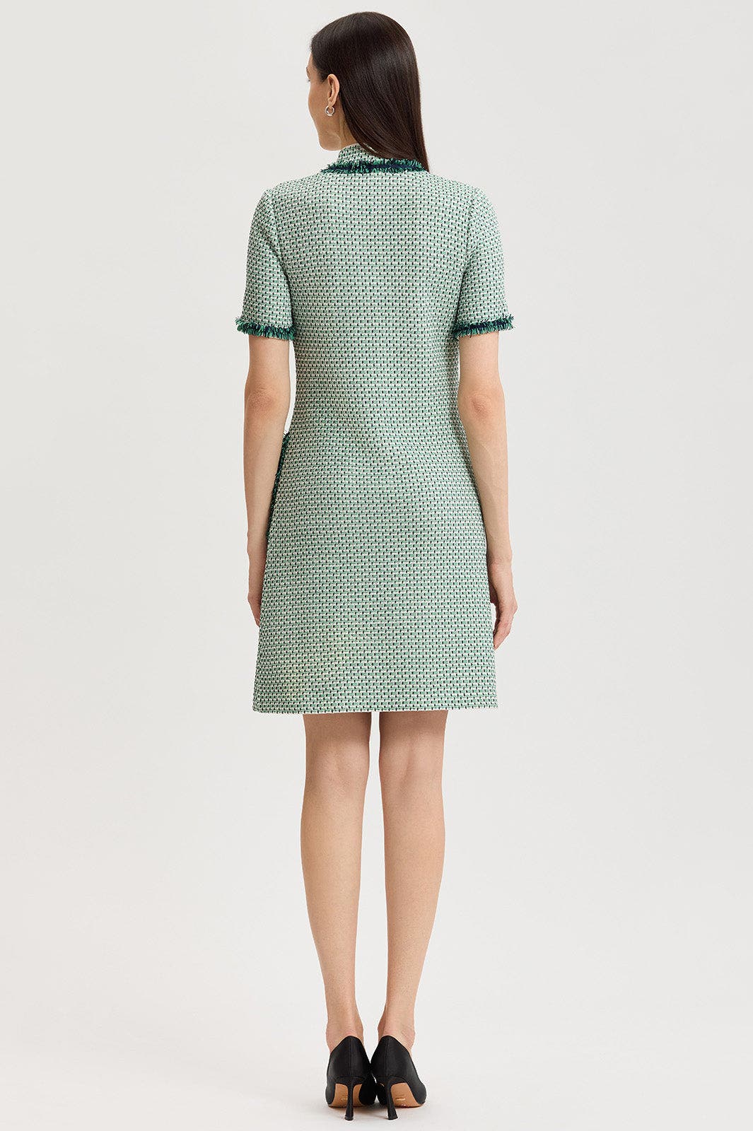 Fringe Trim Jacquard Basketweave Knit Sheath Dress - image 2