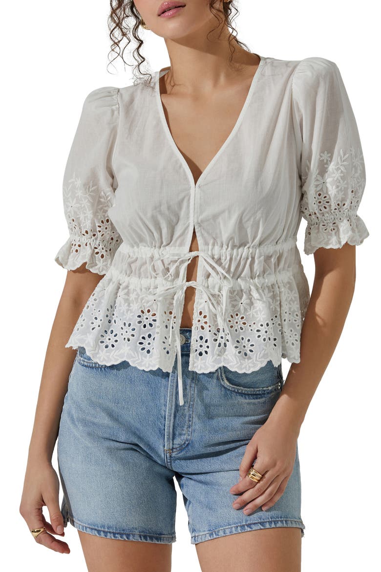 Eyelet Tie Front Cotton Top, Main, color, WHITE