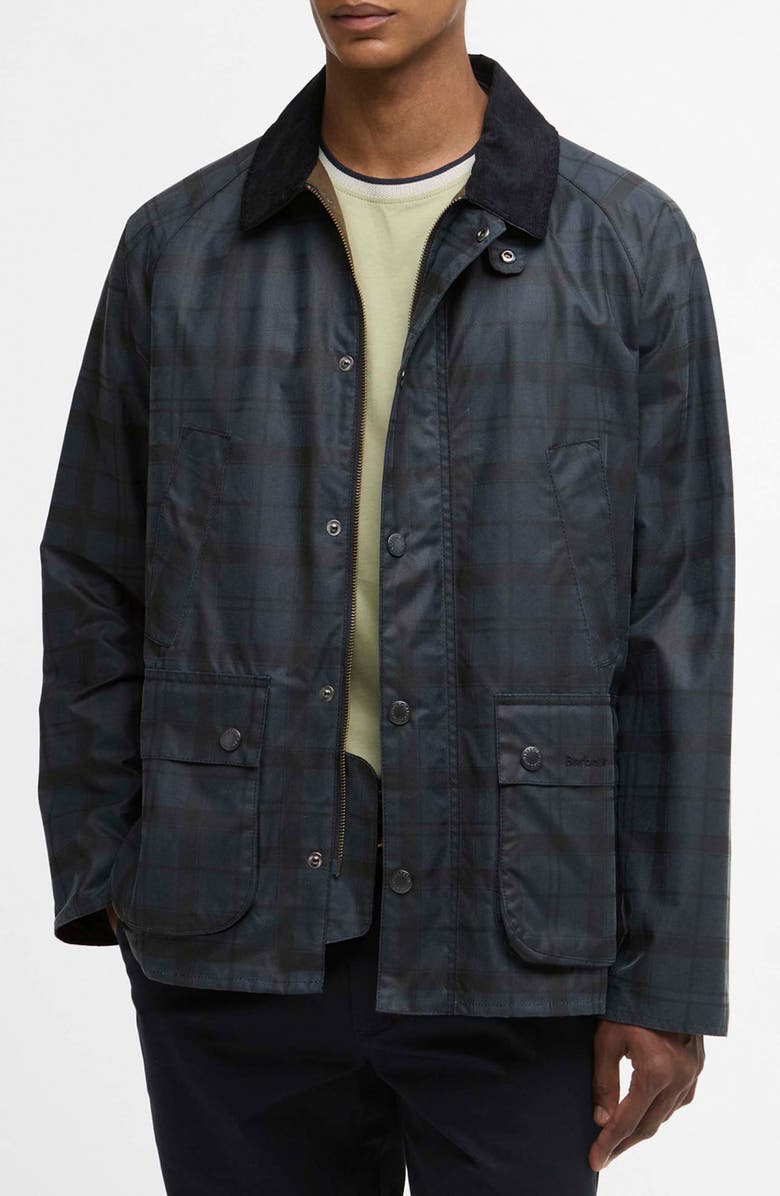 Barbour Ambleside Plaid Water Resistant Waxed Cotton Shirt Jacket, Main, color, Navy Tartan