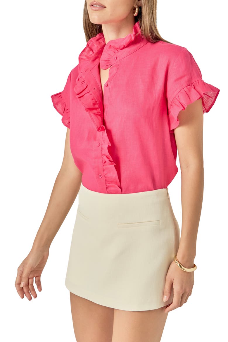 Ruffle Trim Linen Button-Up Shirt, Alternate, color, FUCHSIA
