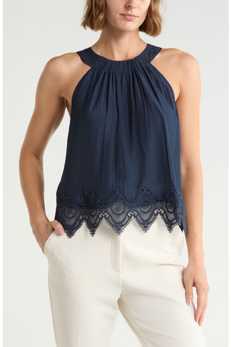 Karis Halter Neck Lace Trim Tank, Main, color, NAVY