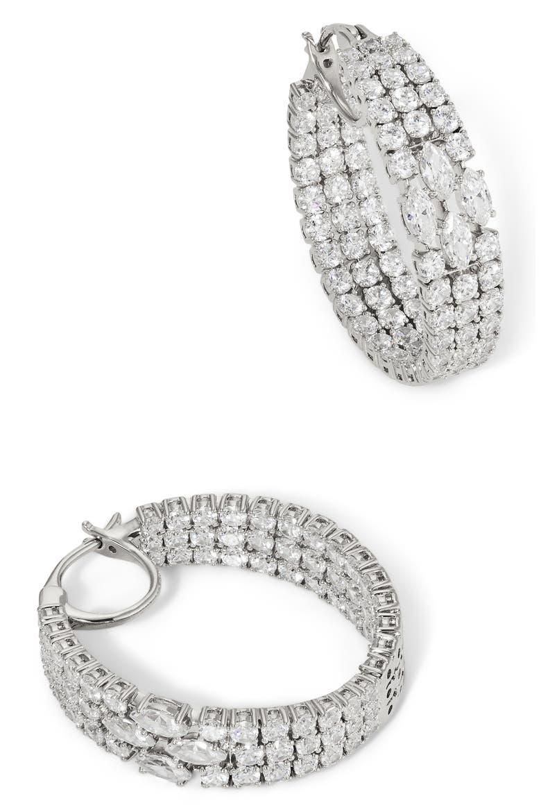 Layered Cubic Zirconia Hoop Earrings, Alternate, color, RHODIUM