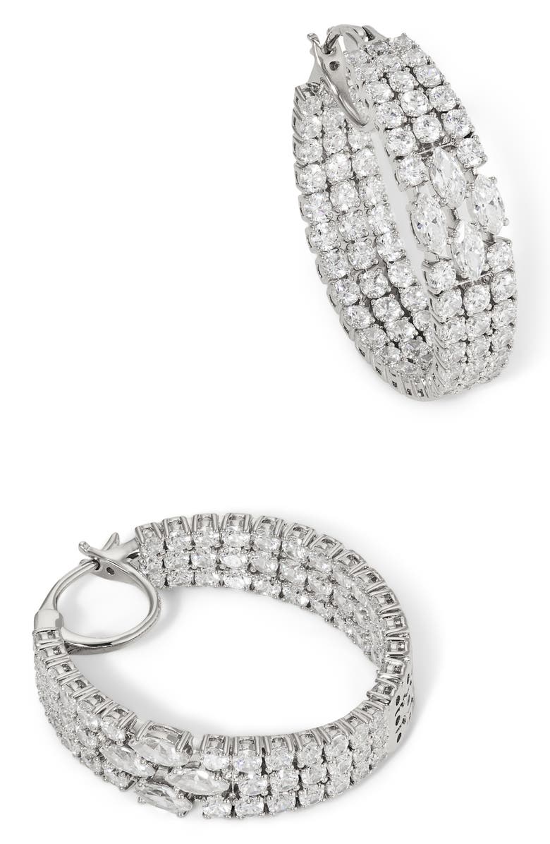 Nadri Layered Cubic Zirconia Hoop Earrings, Alternate, color, Rhodium