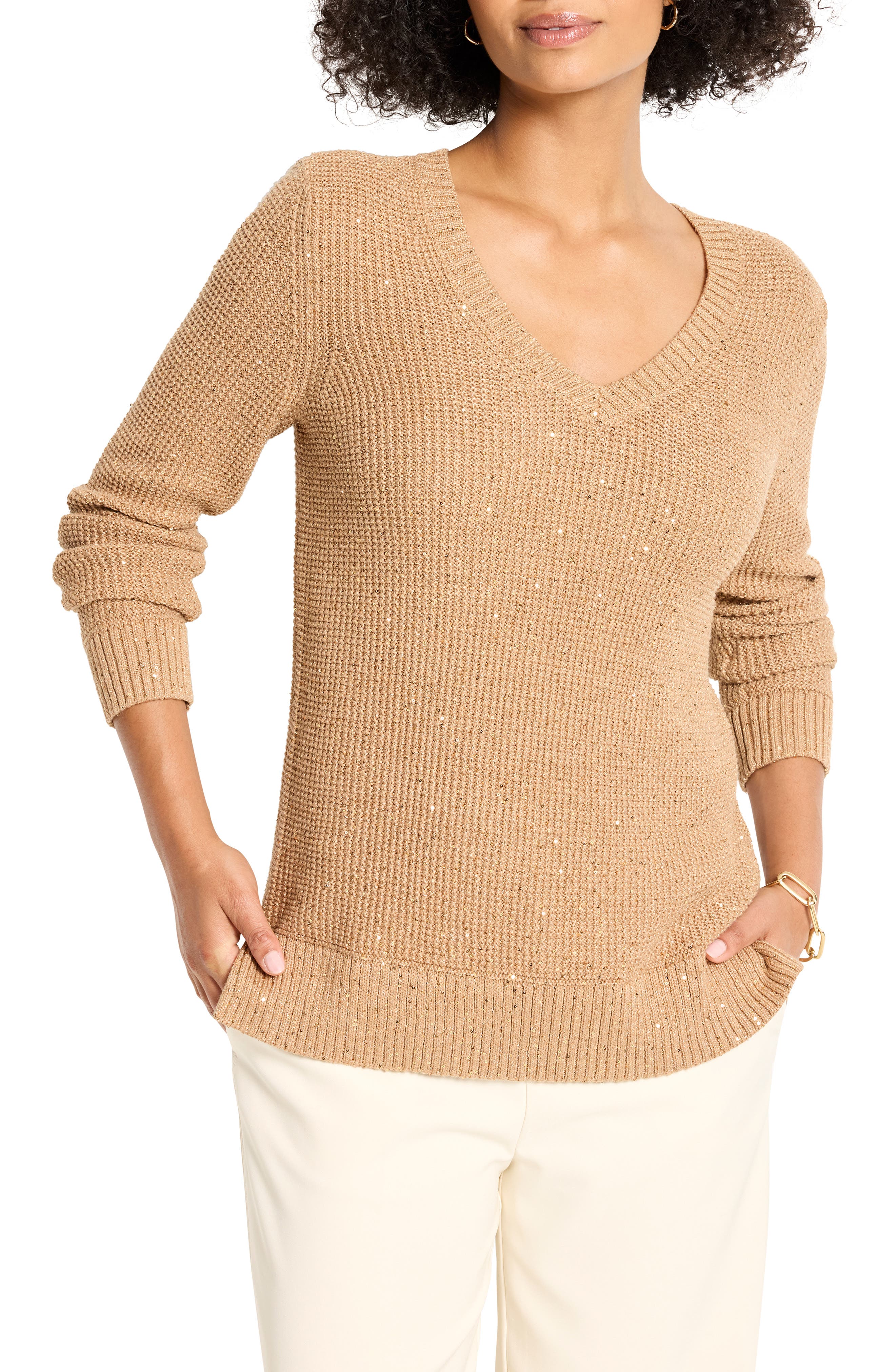 NIC+ZOE Shimmer V-Neck Waffle Stitch Sweater