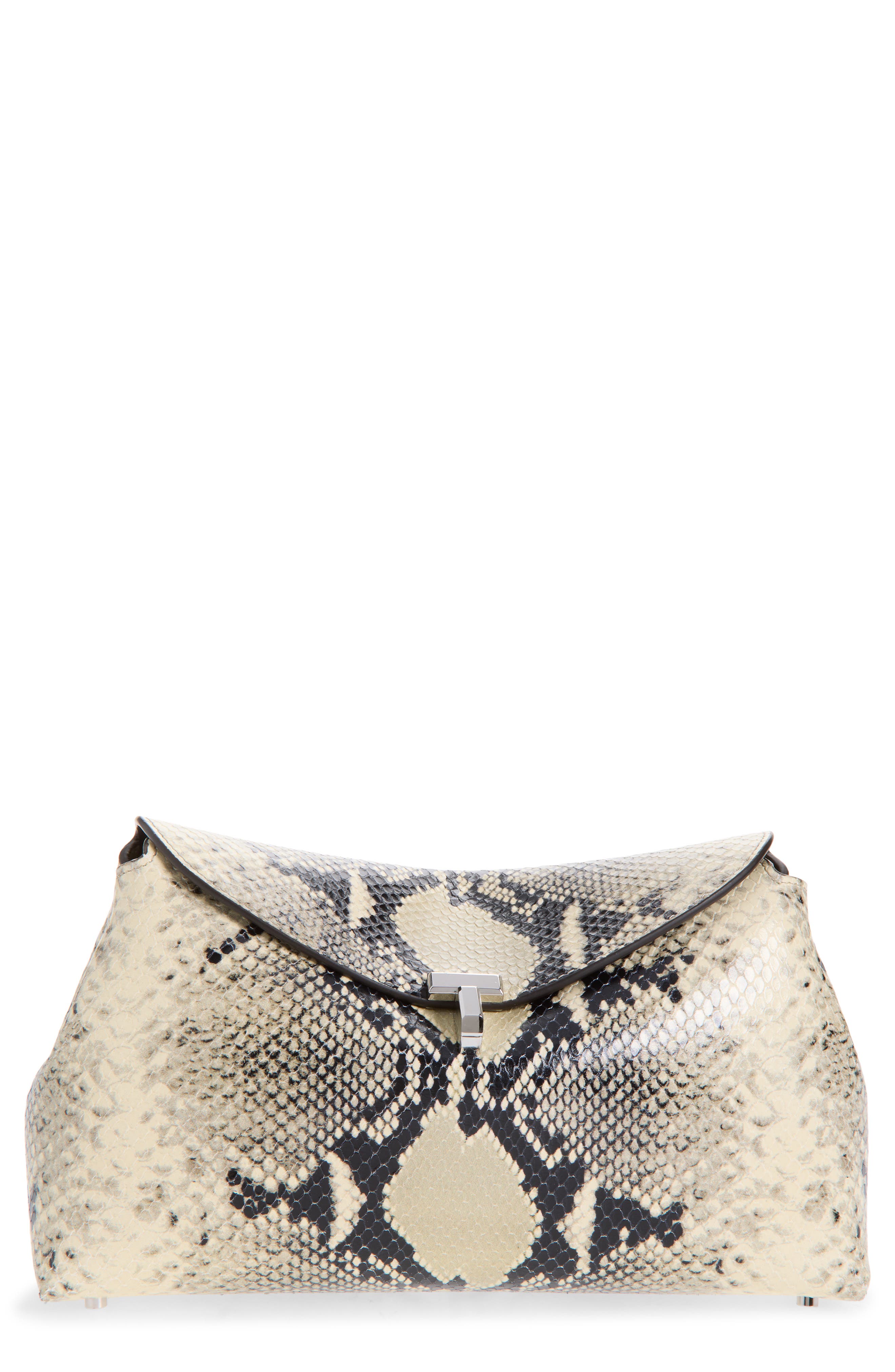 T-Lock Python Embossed Leather Clutch, Main, color, BLACK/ ECRU