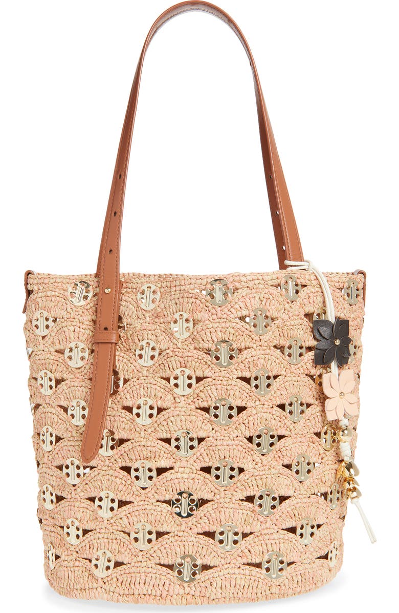 Rabanne Raffia Disc North South Bucket Bag, Main, color, Peach/ Gold