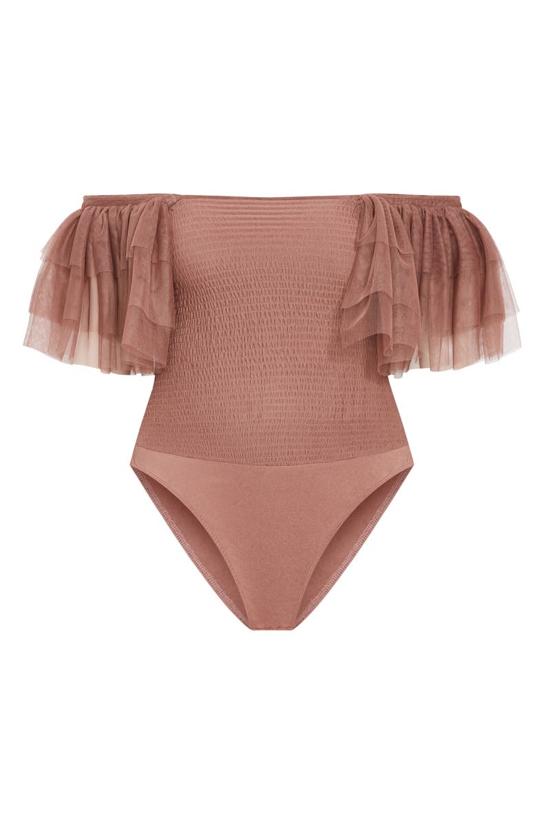 City Chic Azariah Shirred Tulle Sleeve Bodysuit, Alternate, color, Roseberry