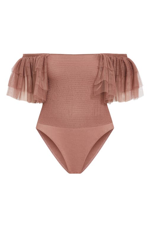 City Chic Azariah Shirred Tulle Sleeve Bodysuit In Purple