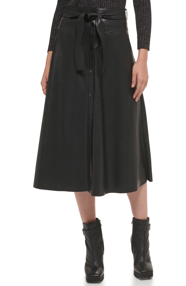 DKNY Button Front Tie Waist Faux Leather Midi Skirt, Main, color, 