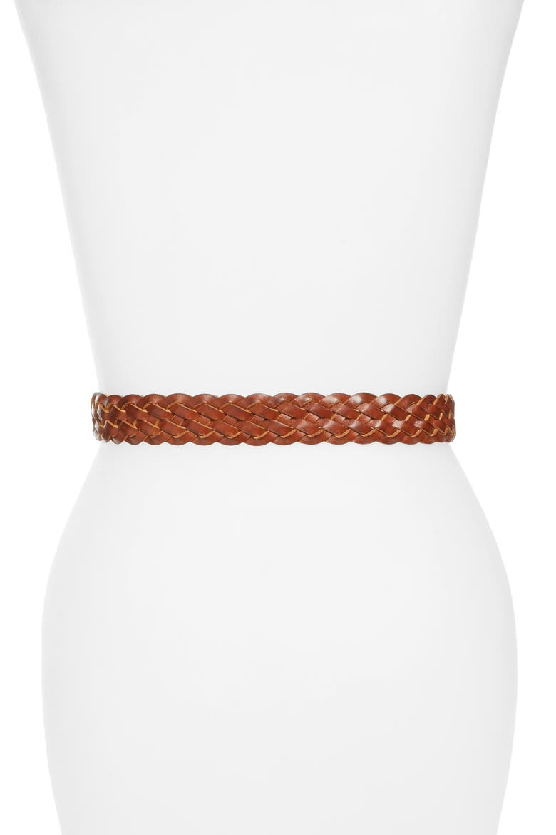 Round Buckle Braided Leather Belt, Alternate, color, COGNAC