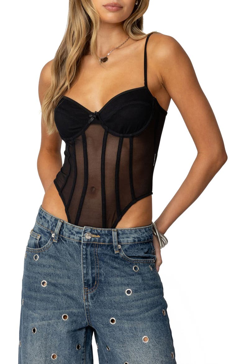 Jenia Bustier Mesh Bodysuit, Main, color, BLACK
