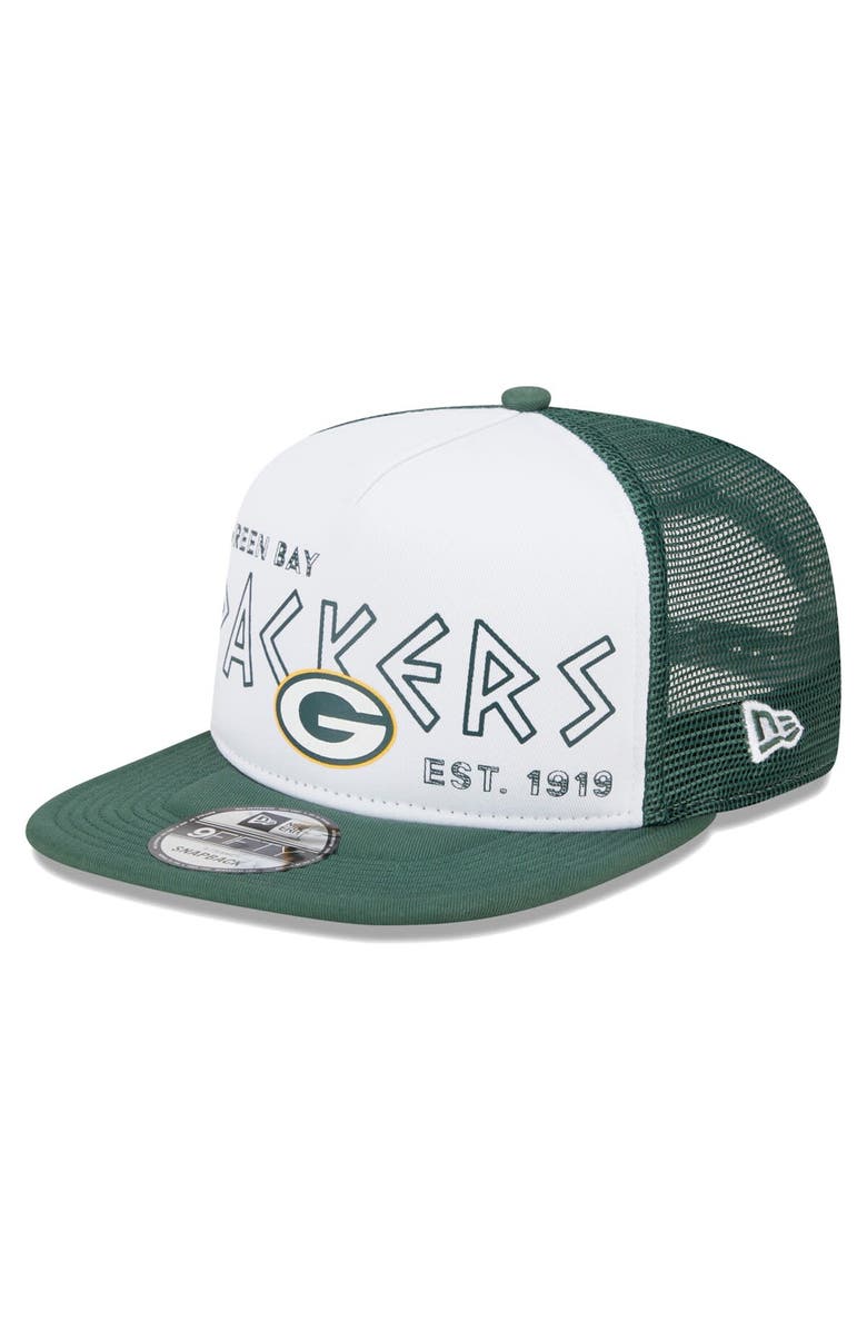 New Era Men's New Era White/Green Green Bay Packers Banger 9FIFTY Trucker Snapback Hat, Main, color, 