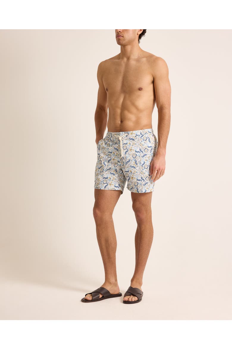 Bulldog Drawcord Mid-Length Classic Fit Drawcord Swim Shorts with Fairground Print, Main, color, MULTI/BLUE