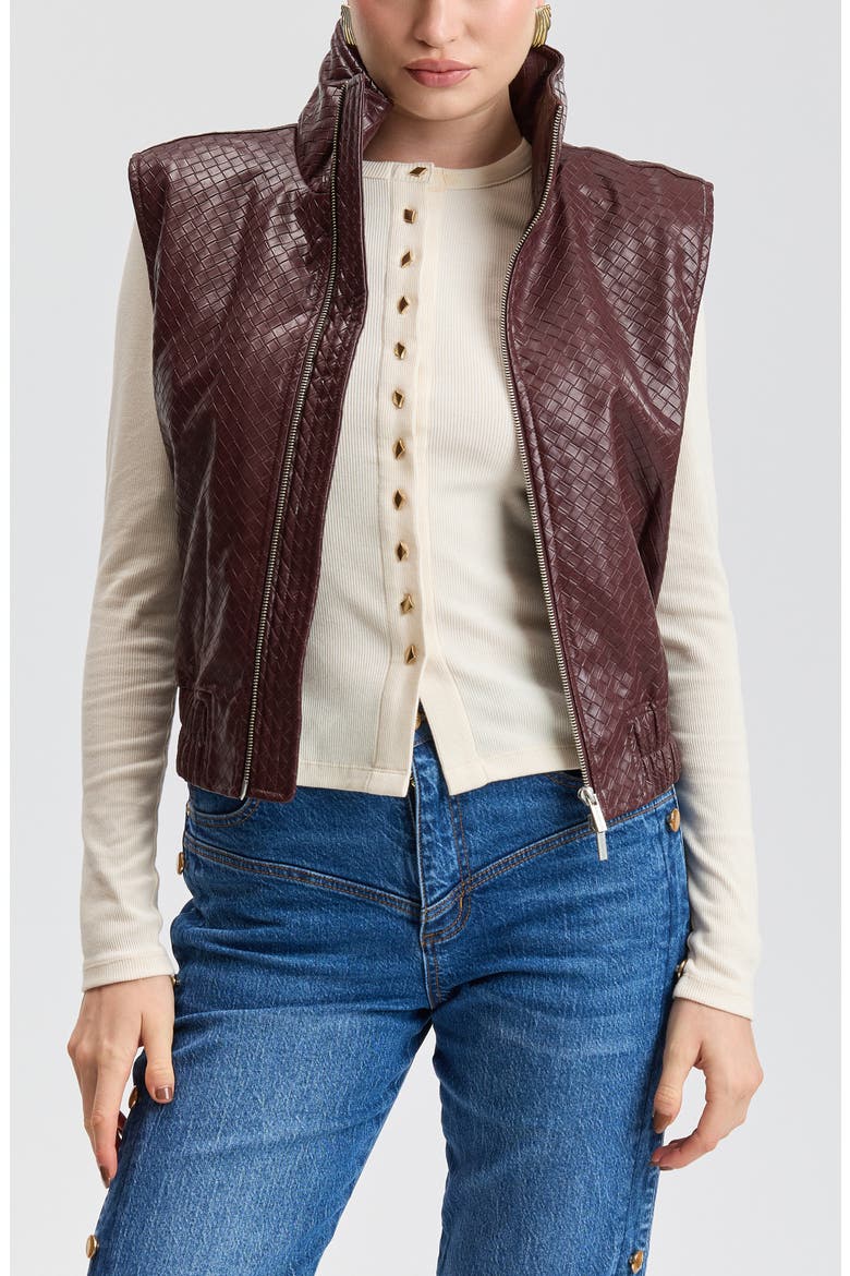 Woven Faux Leather Cropped Puffer Vest, Alternate, color, BURGUNDY