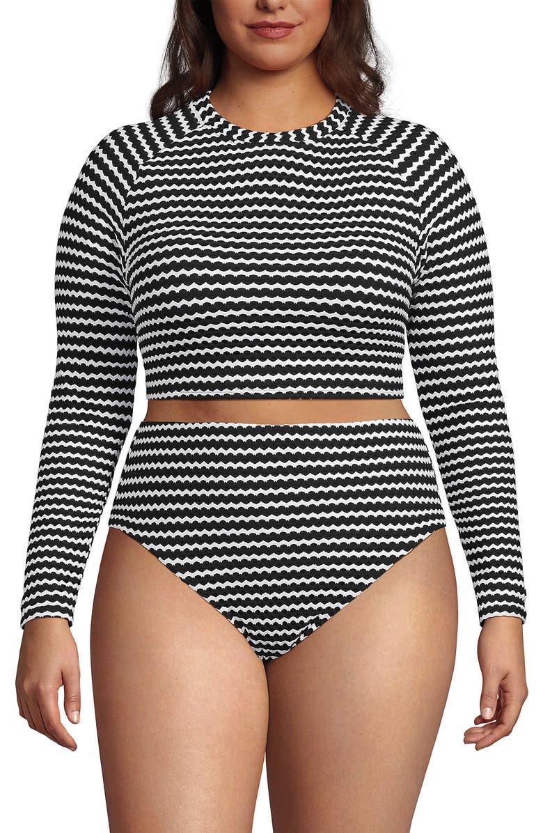 Lands' End Crochet Long Sleeve Bikini Top and High Waisted Bottoms Swimsuit Set, Alternate, color, Black/White