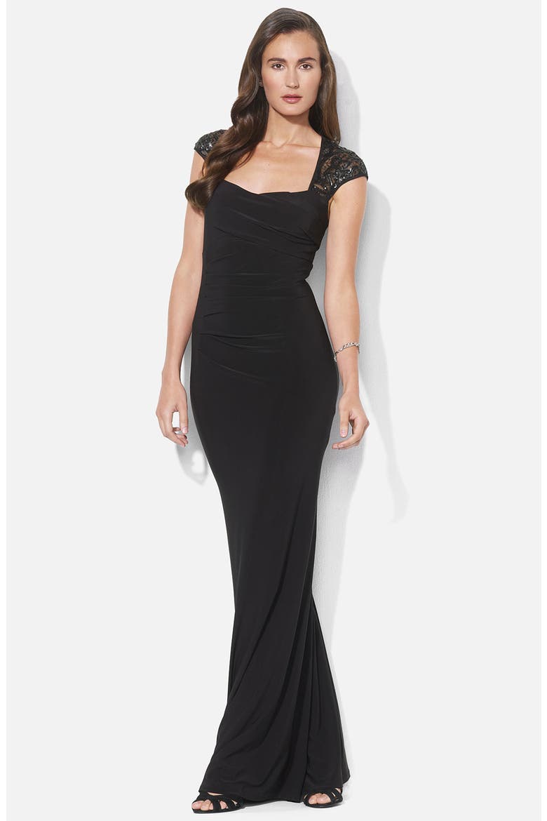 Sequin Lace Sleeve Jersey Gown, Main, color, BLACK/ BLACK MATTE