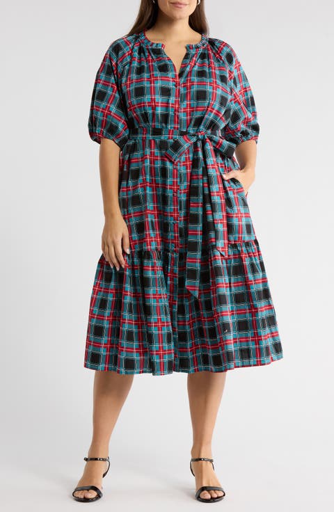 Winston Plaid Tie Waist Cotton Midi Dress (Plus)