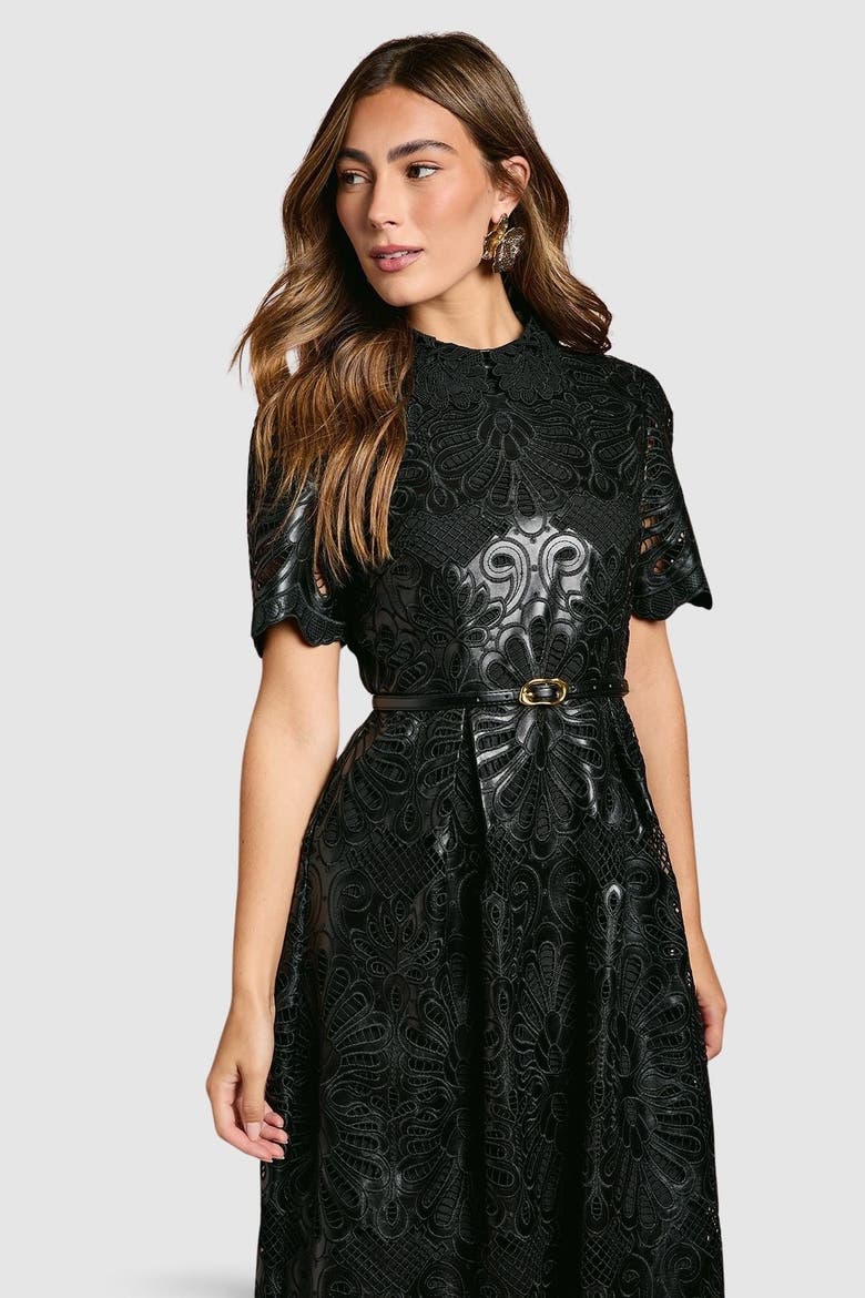 PU Lace Midi Dress, Alternate, color, Black