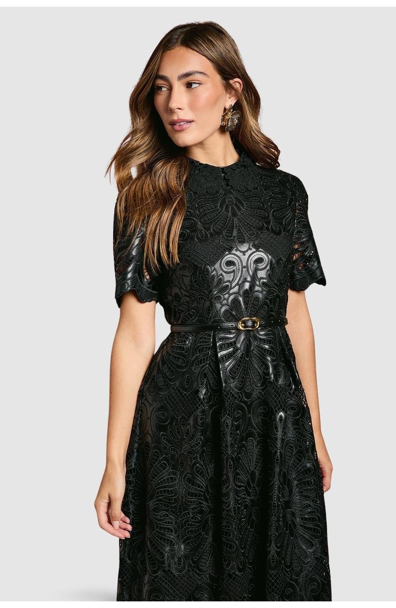 Coast PU Lace Midi Dress With Belt, Alternate, color, Black