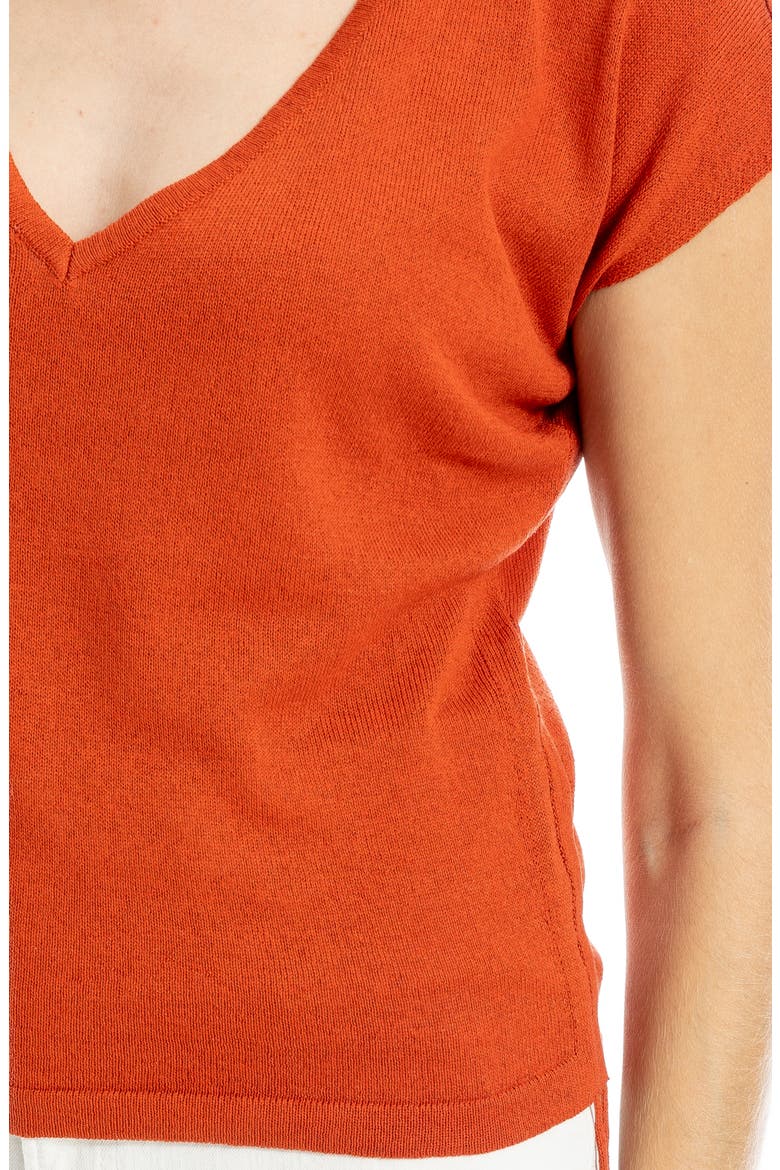 Side Ruched Short Sleeve V-Neck Sweater, Alternate, color, TERRACOTTA