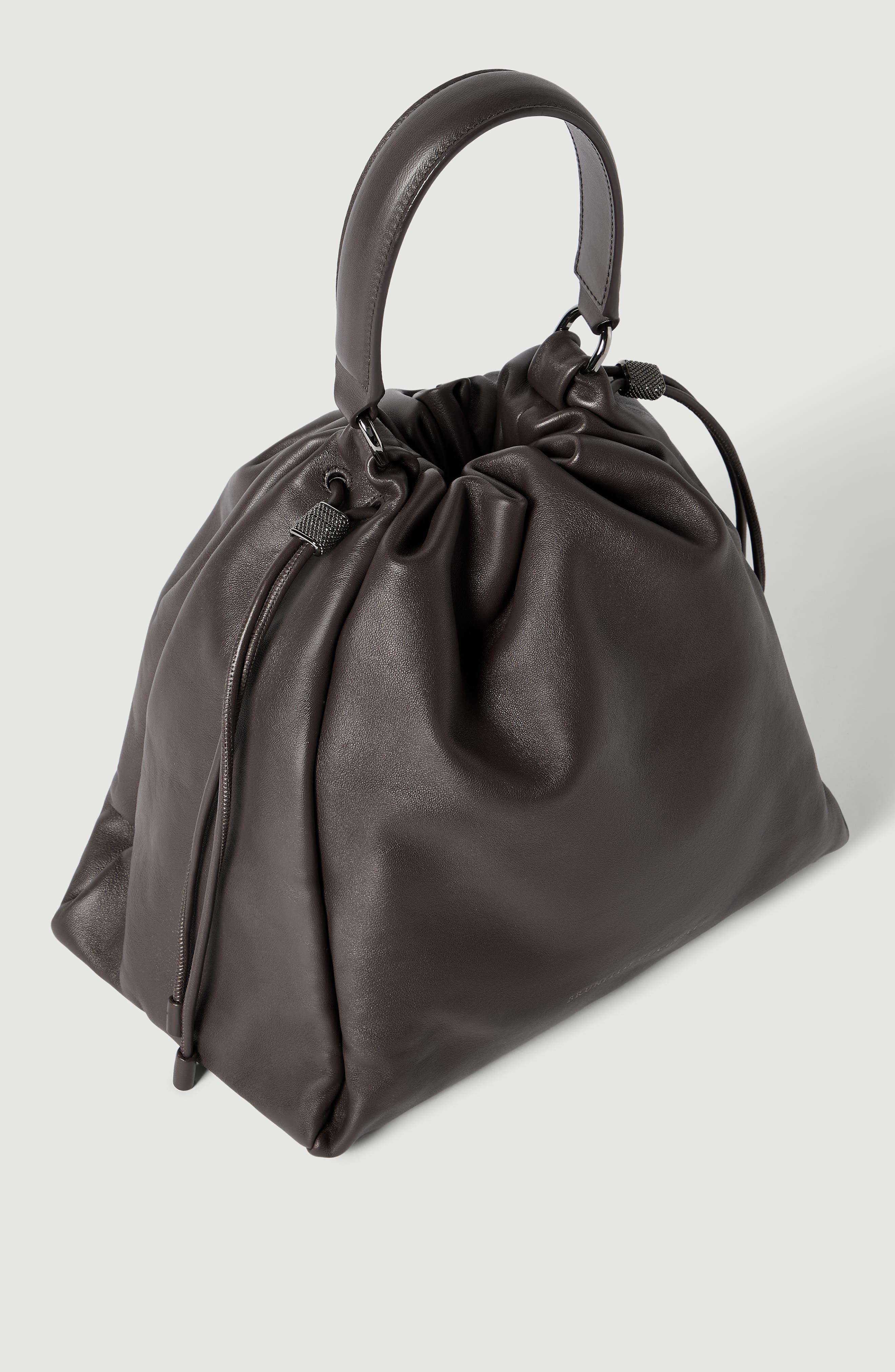 Brunello Cucinelli Soft leather Mellow Bucket bag, Alternate, color, Brown