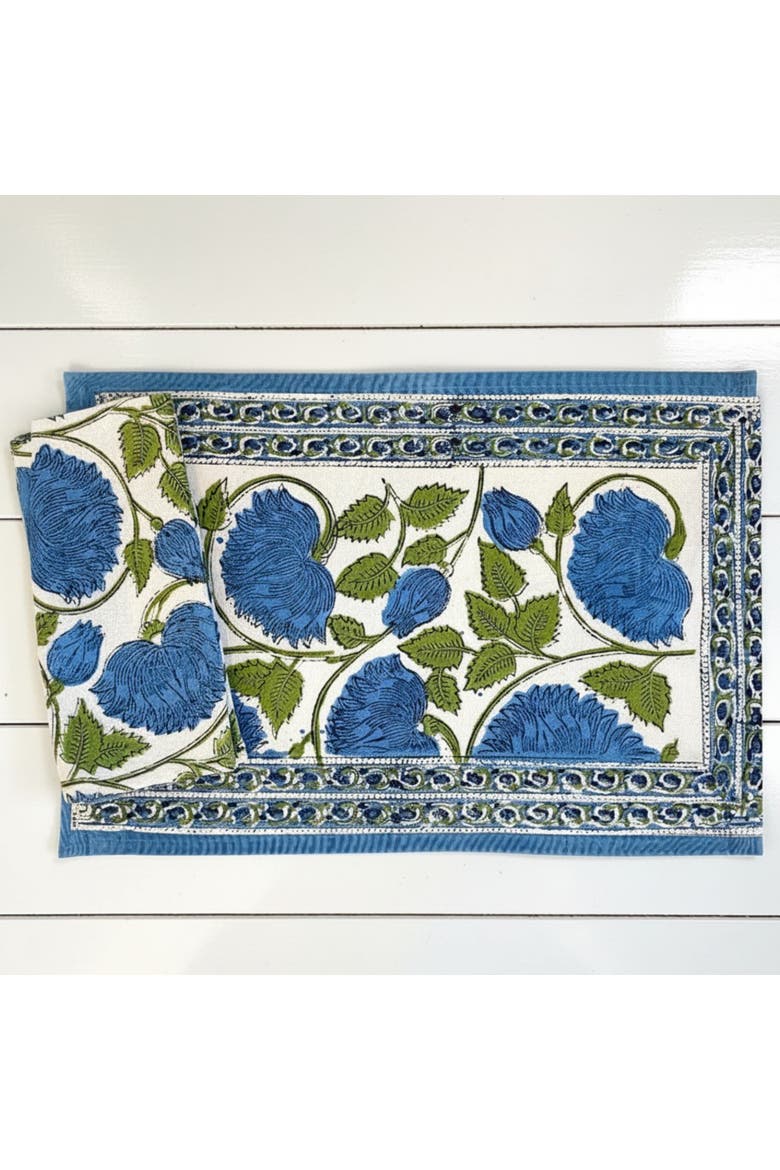 Hand Block Print Placemat & Napkin, Alternate, color, Blue/Green