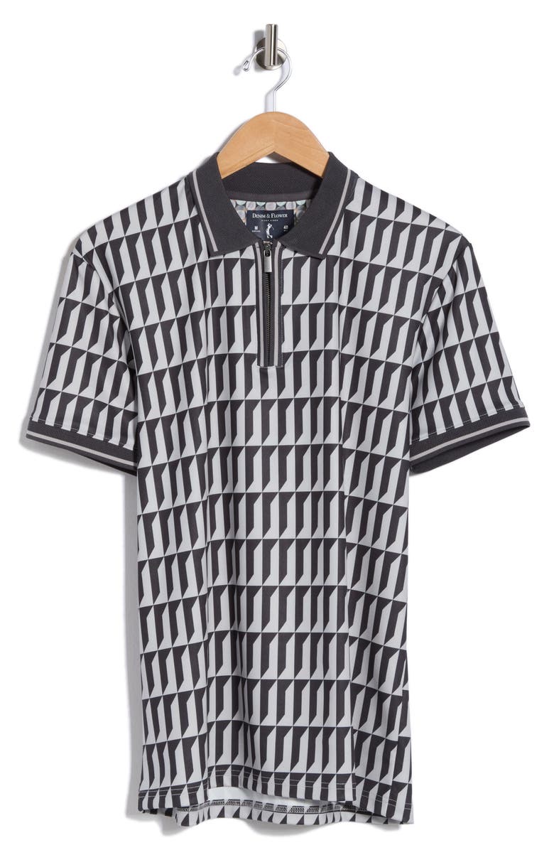 DENIM AND FLOWER Geometric Quarter Zip Performance Polo, Main, color, Grey