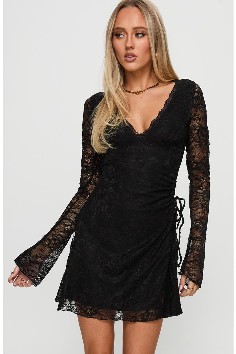 Airabella Lace Long Sleeve Minidress, Alternate, color, BLACK