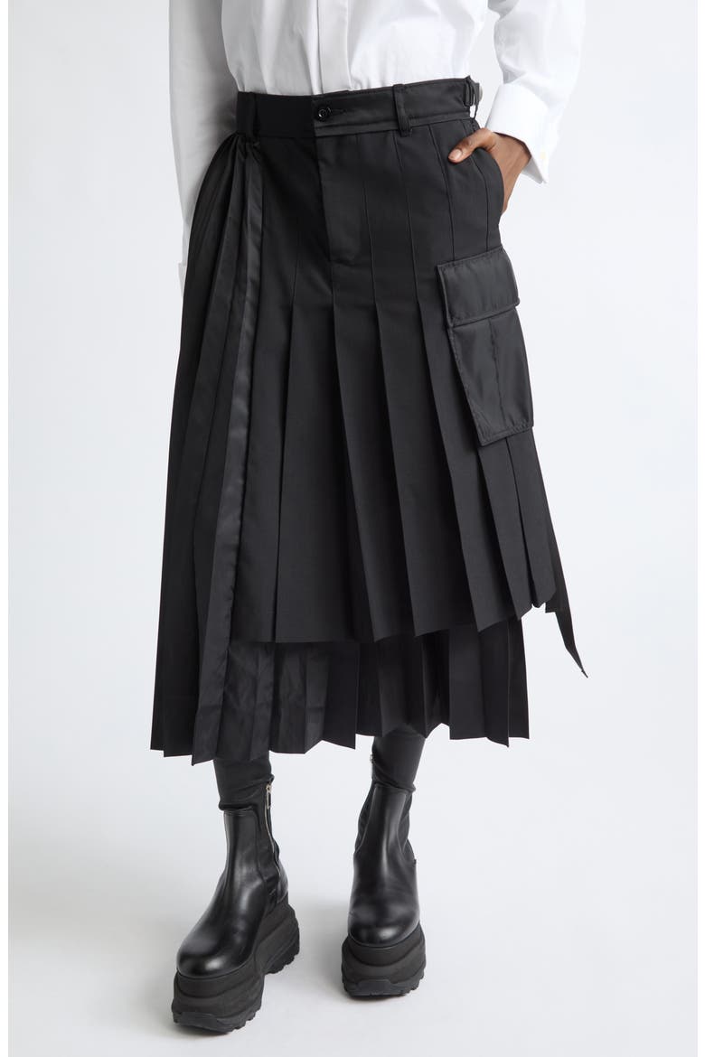Pleated Mixed Media Midi Skirt, Main, color, BLACK