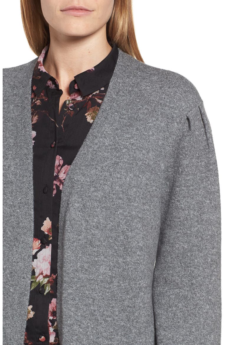 Drama Bubble Sleeve Cotton Blend Cardigan, Alternate, color, MEDIUM HEATHER GREY