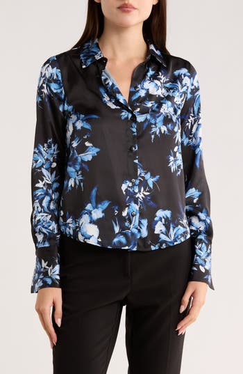 1.state Floral Button-up Shirt In Blue