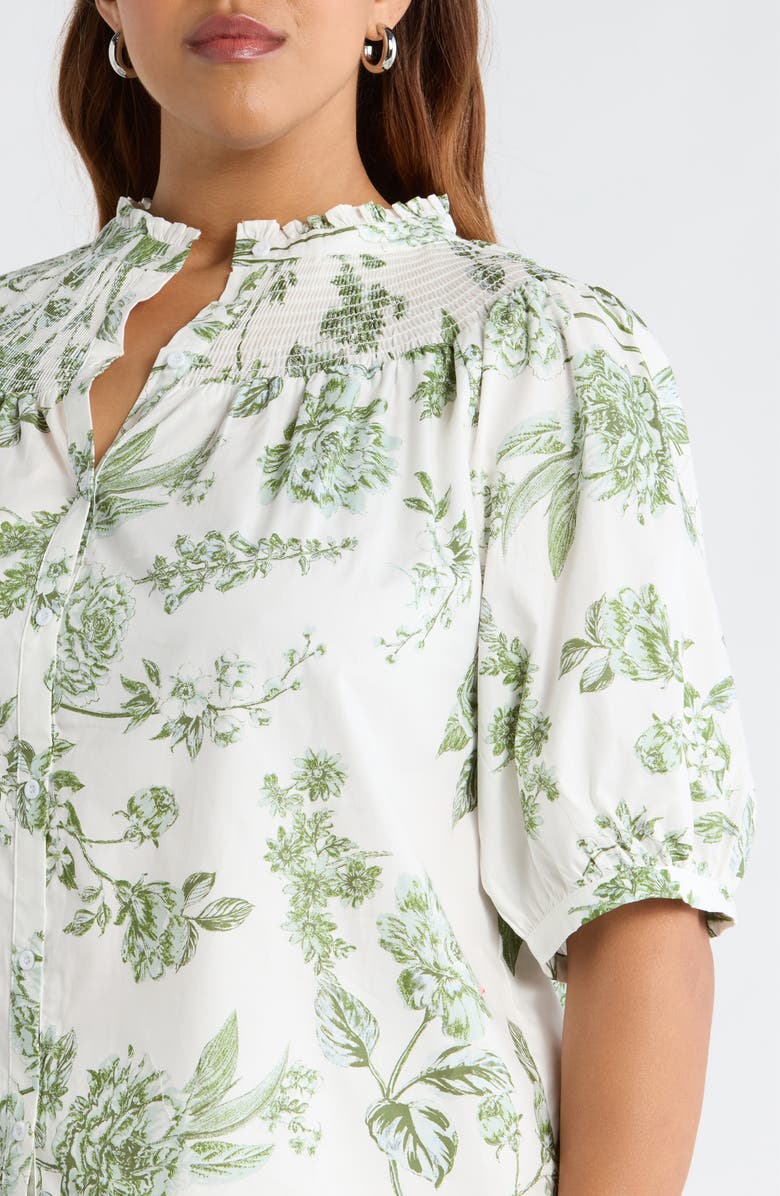 SUGARLIPS Bria Floral Blossom Smocked Button-Up Top, Alternate, color, White Olives
