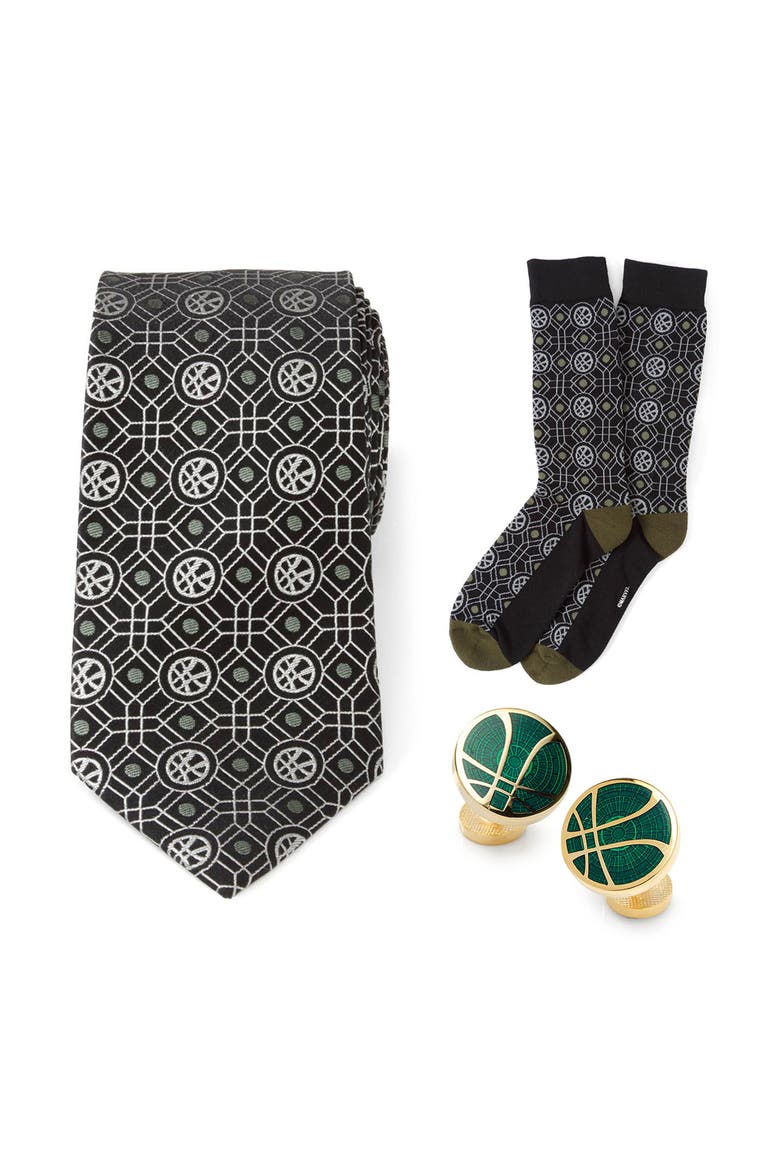 Doctor Strange Silk Tie, Crew Socks & Cuff Links Set, Main, color, BLACK