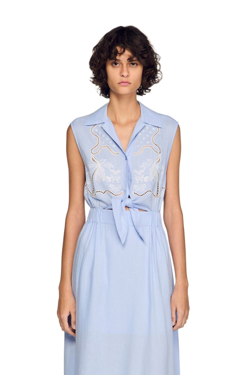 SANDRO Embroidered linen maxi dress, Alternate, color, Sky Blue