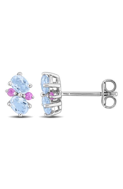 Sky Blue Topaz & Pink Sapphire Stud Earrings