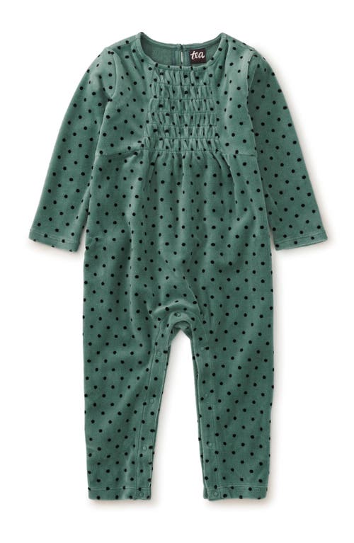 Tea Collection Velour Smocked Baby Romper in Dot In Sagebrush 