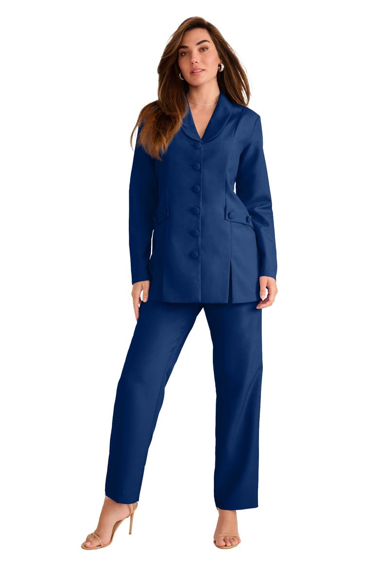 Plus Size Long Sleeve Ten Button Shawl Collar Pant Suit 2 Piece Pant Set, Main, color, EVENING BLUE