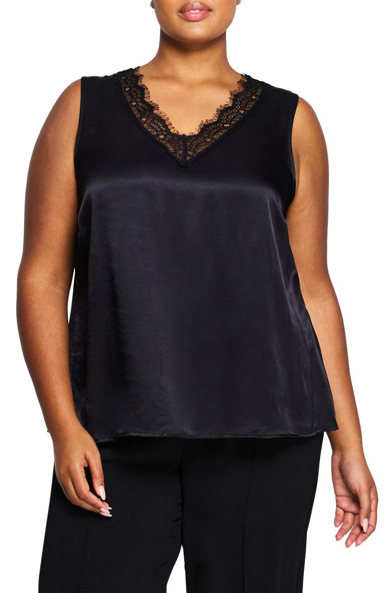 Estelle Alessandra Lace Trim Satin Tank Top, Main, color, Black