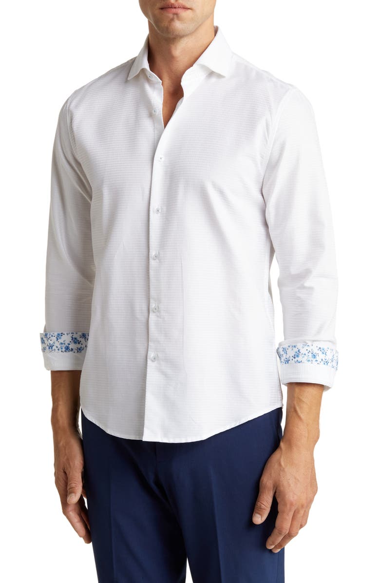 DENIM AND FLOWER Solid Dobby Tencel<sup>®</sup> Lyocell Blend Long Sleeve Button-Up Shirt, Main, color, White