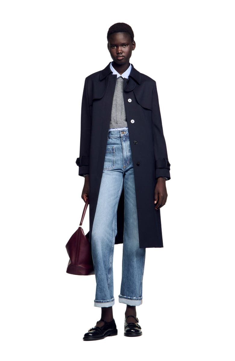 SANDRO Trench coat with pleated inset, Alternate, color, Navy Blue