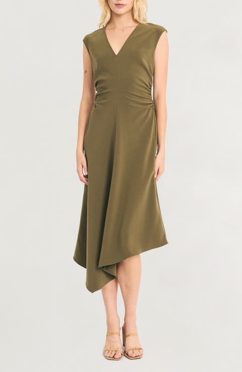 Asymmetric Ruched Midi Dress